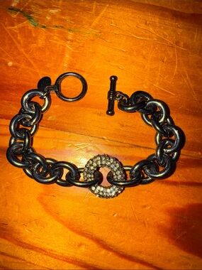 Chunky Black Chain Bracelet with Pave Circle Accent